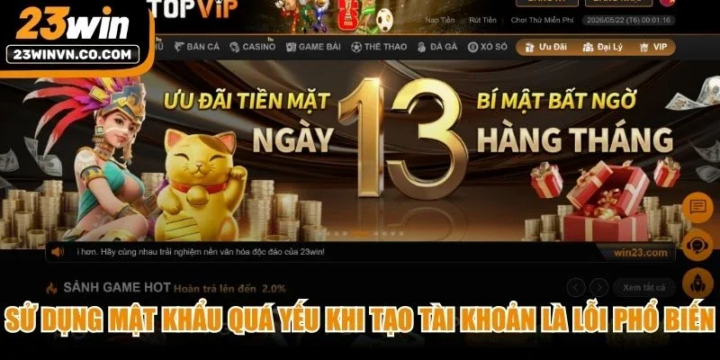 Sử dụng mật khẩu quá yếu khi tạo tài khoản là lỗi khá phổ biến khi đăng ký 23Win